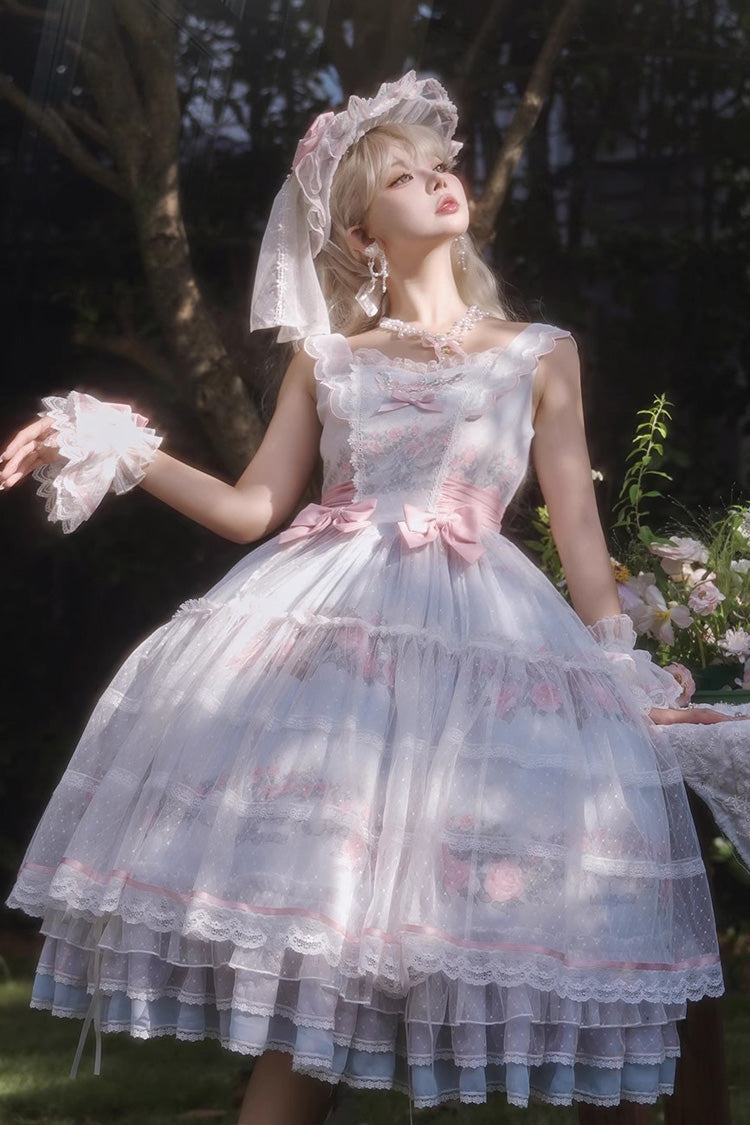 Multicolor Rose Flower Cage Print Ruffle Bow Lolita JSK