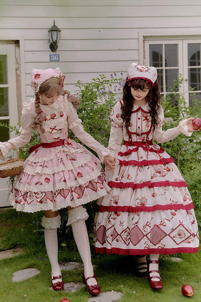 Red Beige Triple-Layer Apple Orchard Print Ruffle Embroidered Long Skirt