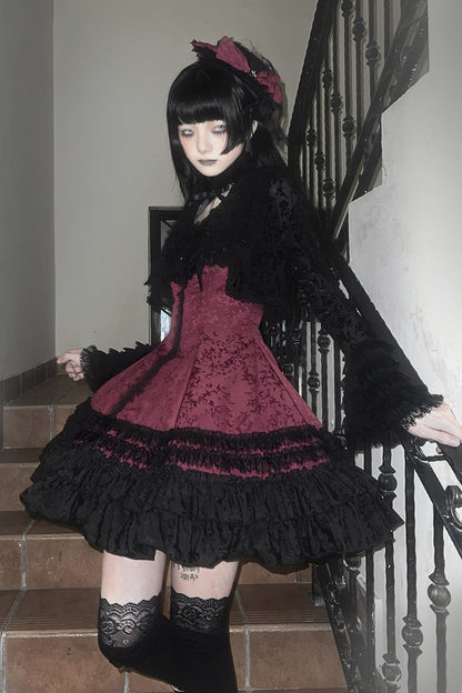 Double-Layered Striped Printed Gothic Jumper Dress with Jacquard Ruffles - Escape