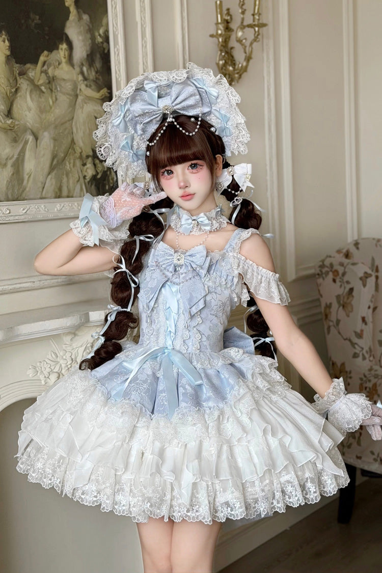 Square-Collar Sleeveless Pearl-Trimmed Layered JSK with Lacing