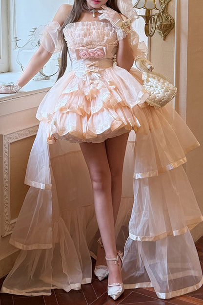 Rose Mousse Love Song Off Shoulder Sleeveless Triple Ruffled Bride Bow Elegant Ballet Short Set