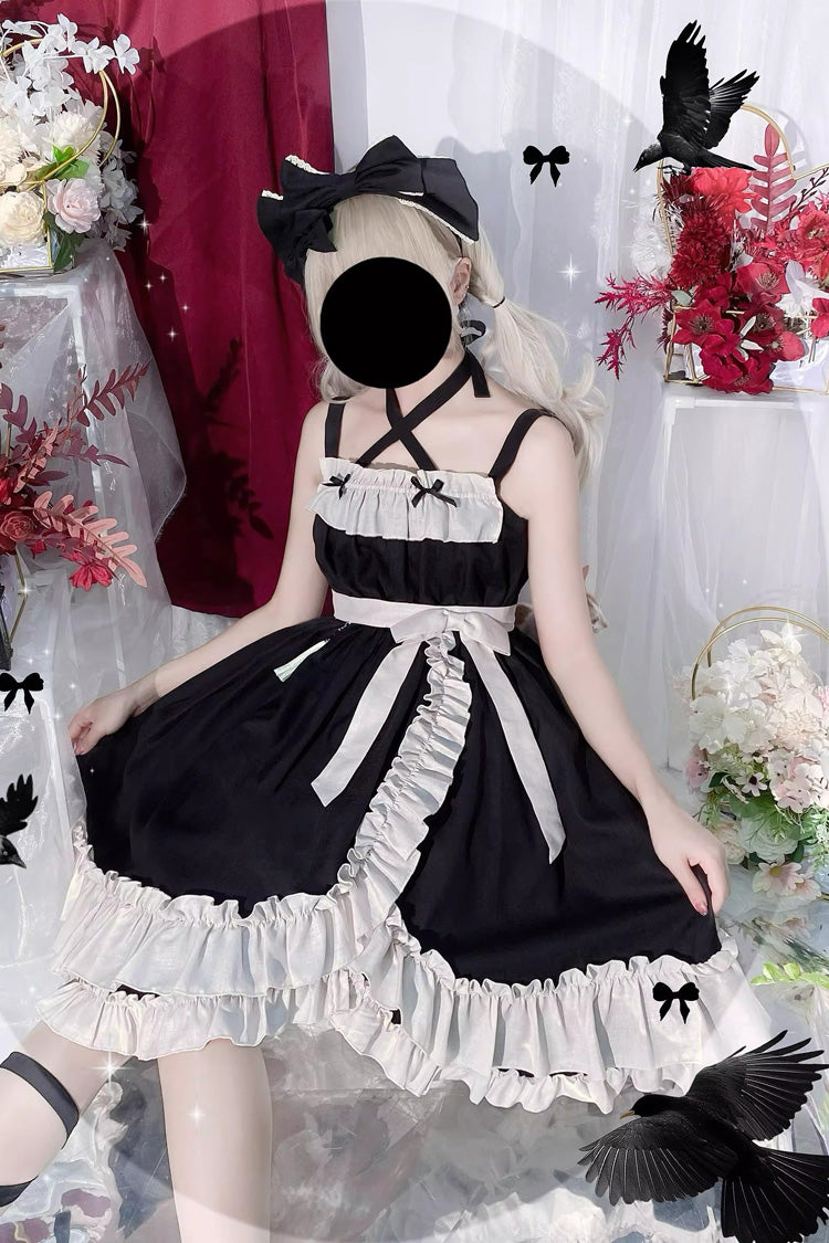 High-Waisted Asymmetric Ruffled Bowknot Gothic JSK