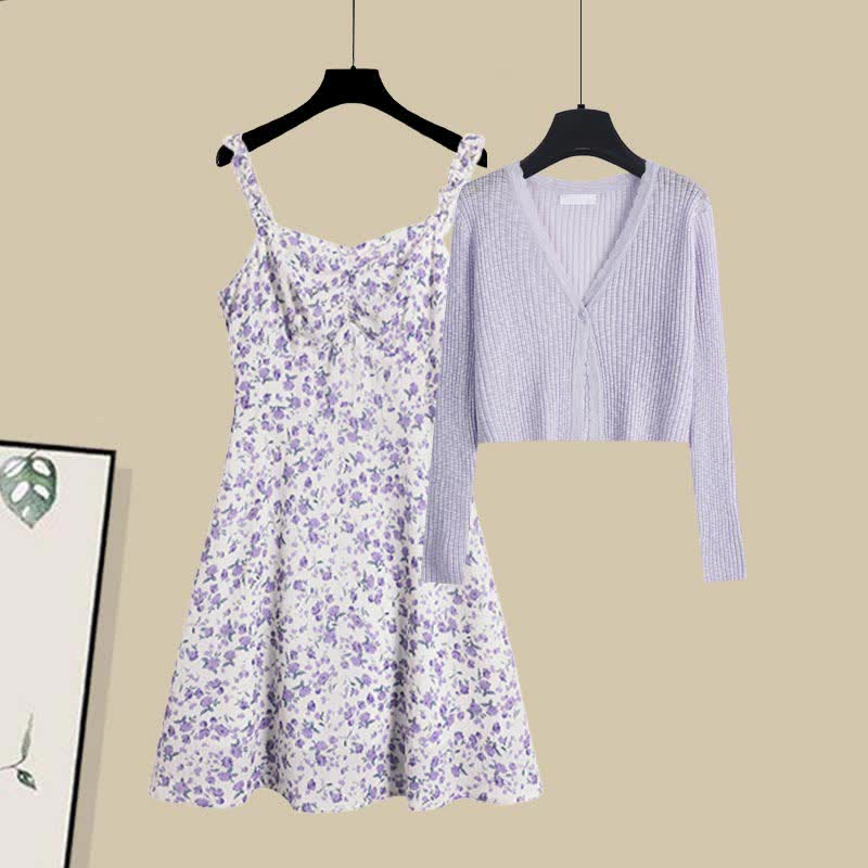 Ensemble robe nuisette à imprimé floral et cardigan doux