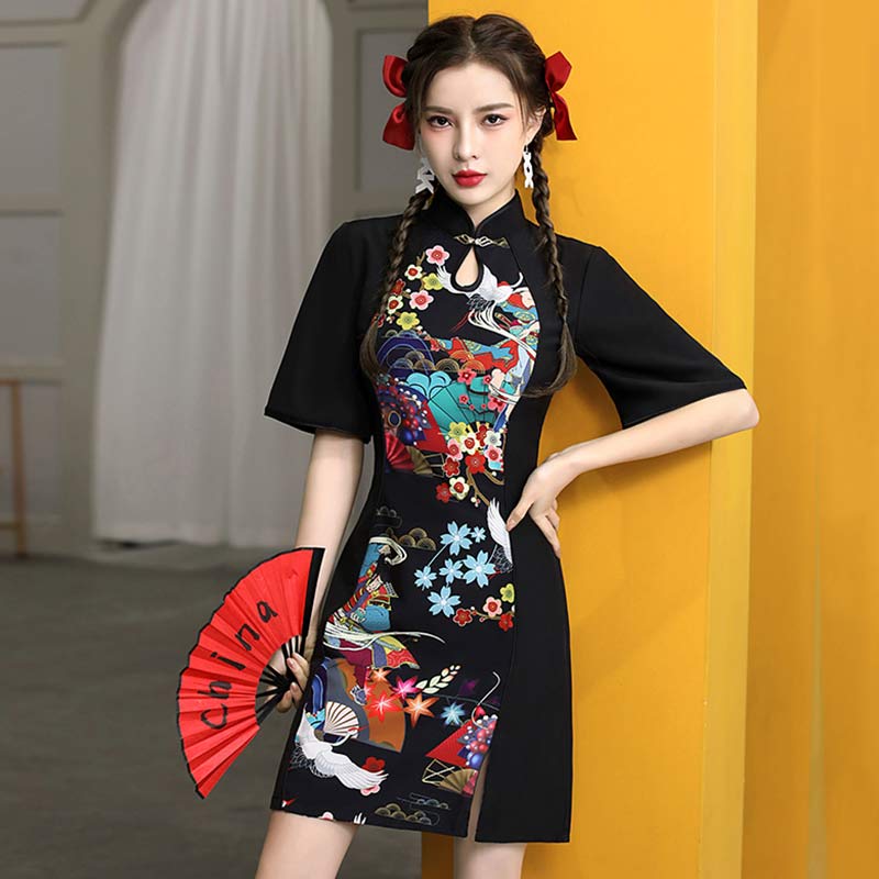 Charming Colorful Print Short Sleeve Cheongsam Dress