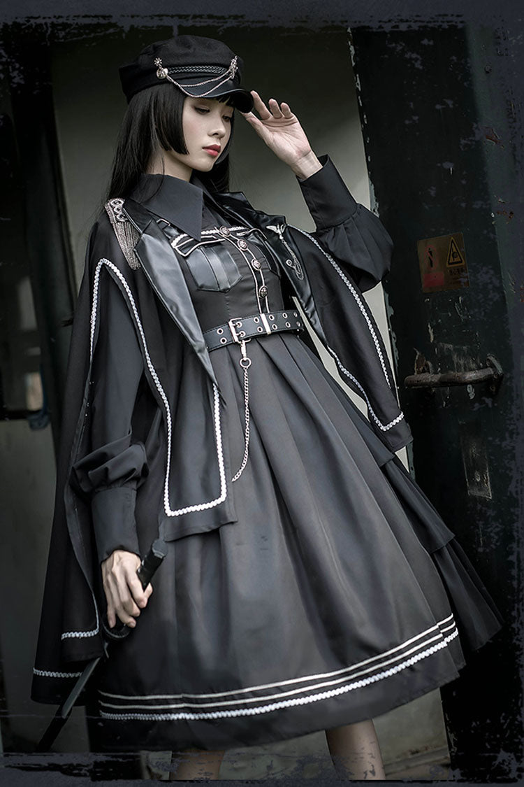 Dark V-Neck Military Lolita JSK Dress with Rivets and Epaulettes