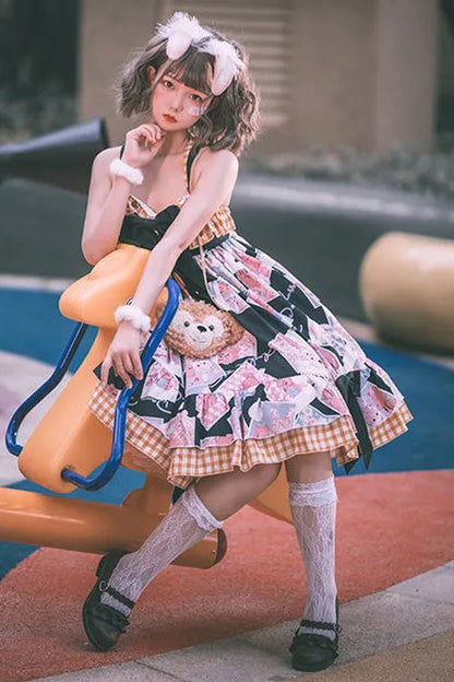 Sweet Lolita JSK Dress with Detachable Straps and Ruffled Print