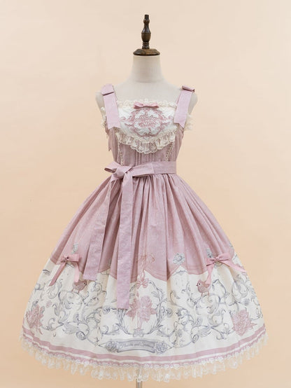 Pink Titmouse and Floral Print Lolita Jumper Skirt