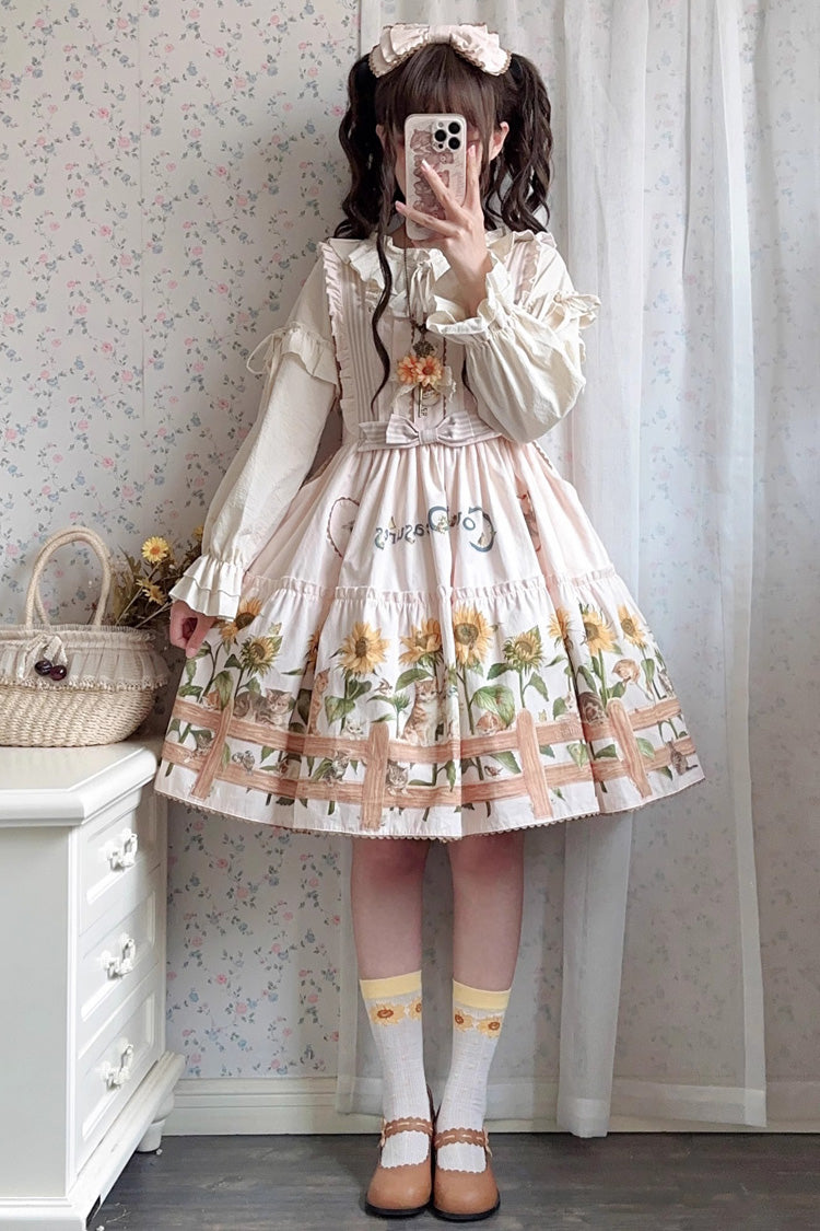 Sunflower-Print Bow-Adorned Sweet Lolita JSK Dress in Two Tones