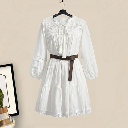 Boho Split Crochet Tassel Out Shirt Dress Hollow Belted
