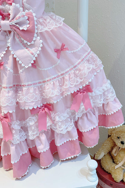 Pink Fondant Cake Sleeveless Multi-Layer Ruffle Bow Lace Sweet JSK Dress