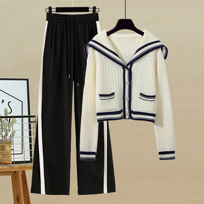Set Sailor Collar Sweater Casual Cable Skirt Pleated Pants