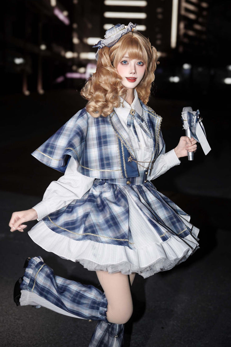Lapel Long Sleeve Double Printed Ruffled Bow Japanese Lolita Skirt Set
