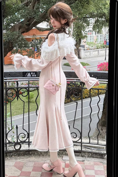 Rose Stand Collar Off-Shoulder Long Sleeve Lace Sweet Japanese Elegant Lolita Mermaid Gown - Little Love Song