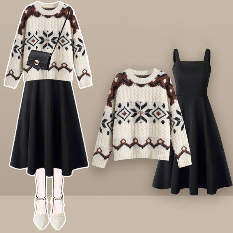 SweaterMidi Colorblock Round Collar Skirt
