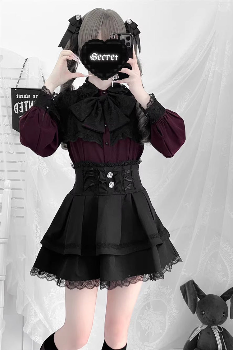Long Sleeves Double-Layered Ruffled Embroidered Bow Lace-Up Gothic Jirai Kei Lolita Top Skirt Set
