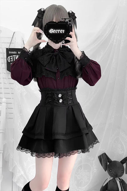Long Sleeves Double-Layered Ruffled Embroidered Bow Lace-Up Gothic Jirai Kei Lolita Top Skirt Set
