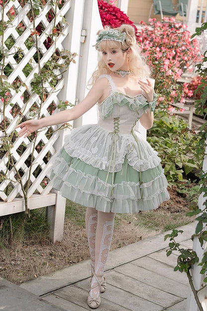 Green Multi-layer Ruffle Hanayome Lace Lace-Up Plus Size Sweet Lolita Jsk Dress (Short Version)