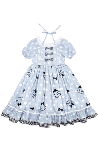 Light Blue Short Sleeves Dog Print Ruffle Bow Sweet Lolita Dress
