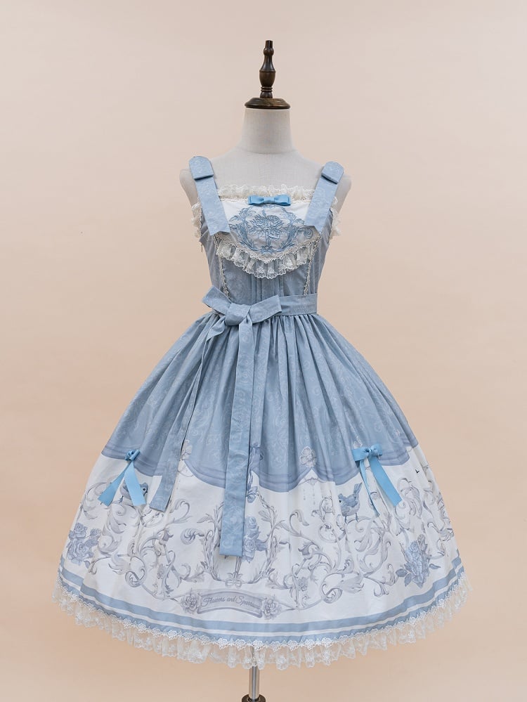 Blue Titmouse and Floral Print Lolita Jumper Skirt