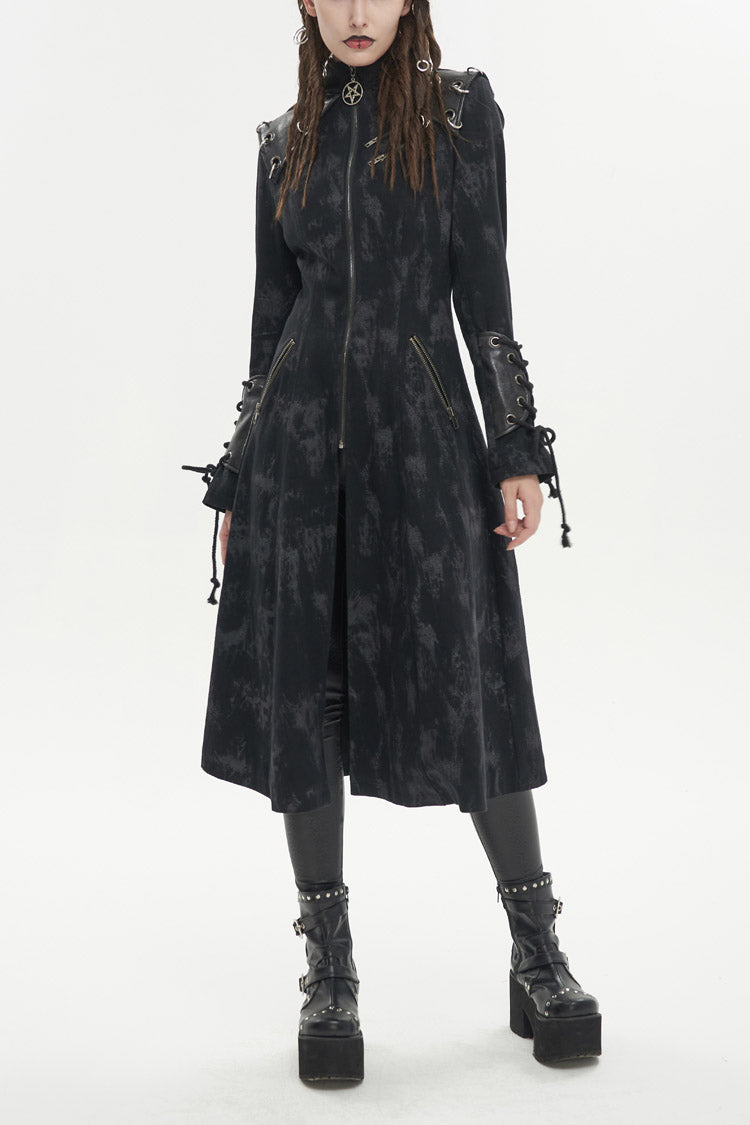 Long Punk Coat for Women with Hood and Irregular Print in Spliced Black Faux Leather