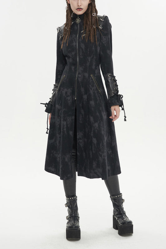 Long Punk Coat for Women with Hood and Irregular Print in Spliced Black Faux Leather