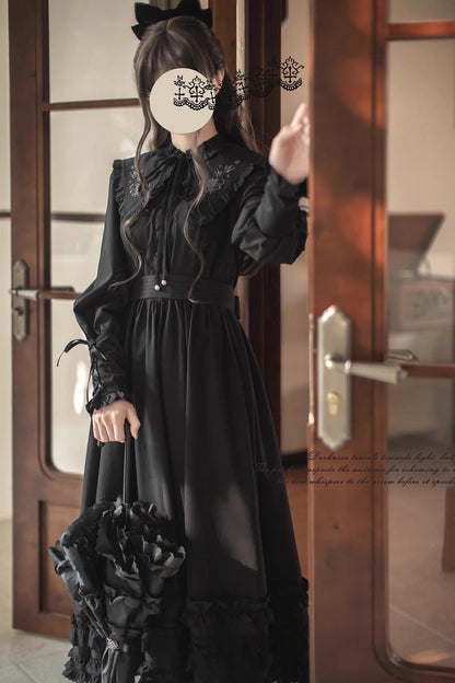 Long-Sleeved Gothic Vintage Elegant Dress with Ruffled Embroidery - Wind Kissed Tulips