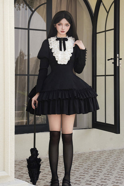 Stand Collar Double-Layered Ruffle Gothic Dress