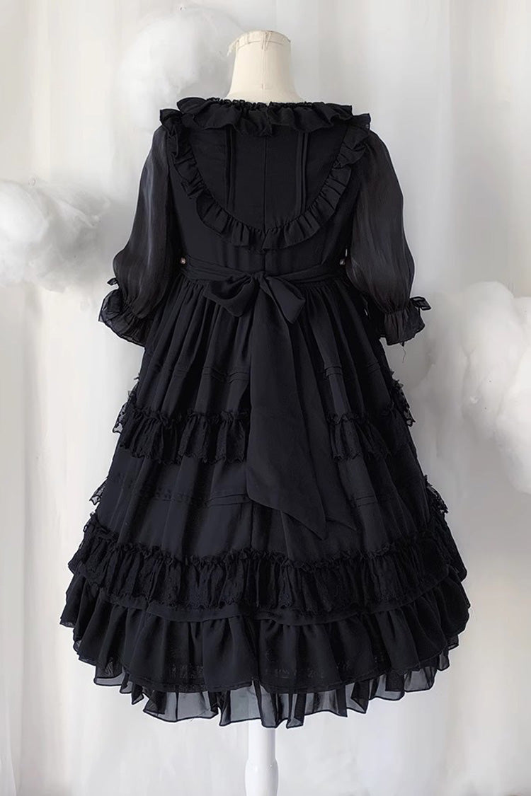 Black Lace Angel Short-Sleeved Bow-Trim Ruffled Gothic Lolita Dress