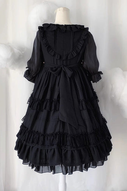 Black Lace Angel Short-Sleeved Bow-Trim Ruffled Gothic Lolita Dress