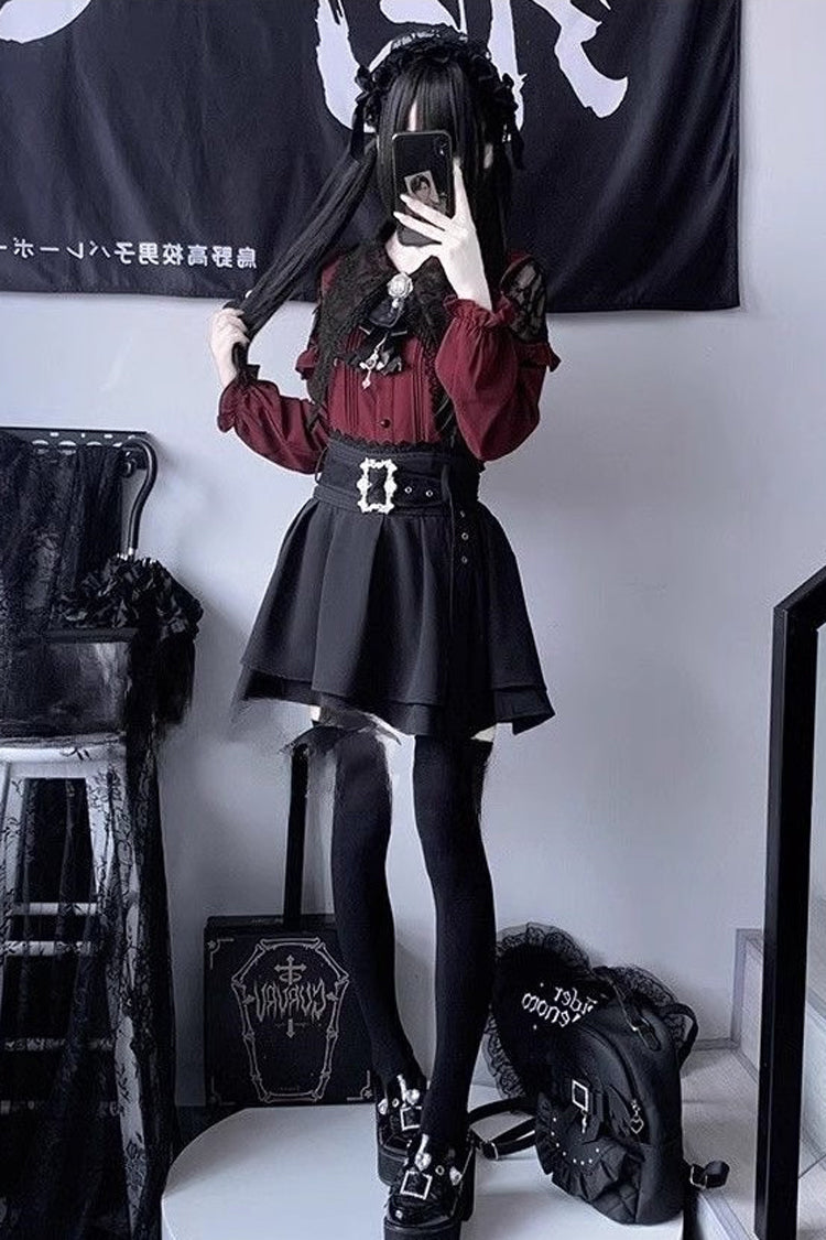Puff Sleeve Ruffle Bow Lace Blouse & Skirt Set Two Tones