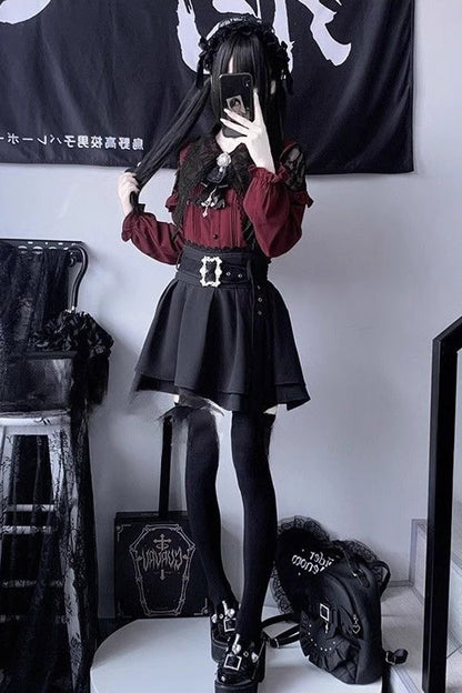 Puff Sleeve Ruffle Bow Lace Blouse & Skirt Set Two Tones