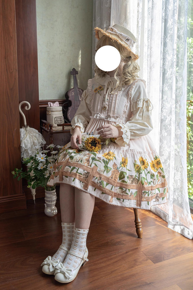 Sunflower-Print Bow-Adorned Sweet Lolita JSK Dress in Two Tones
