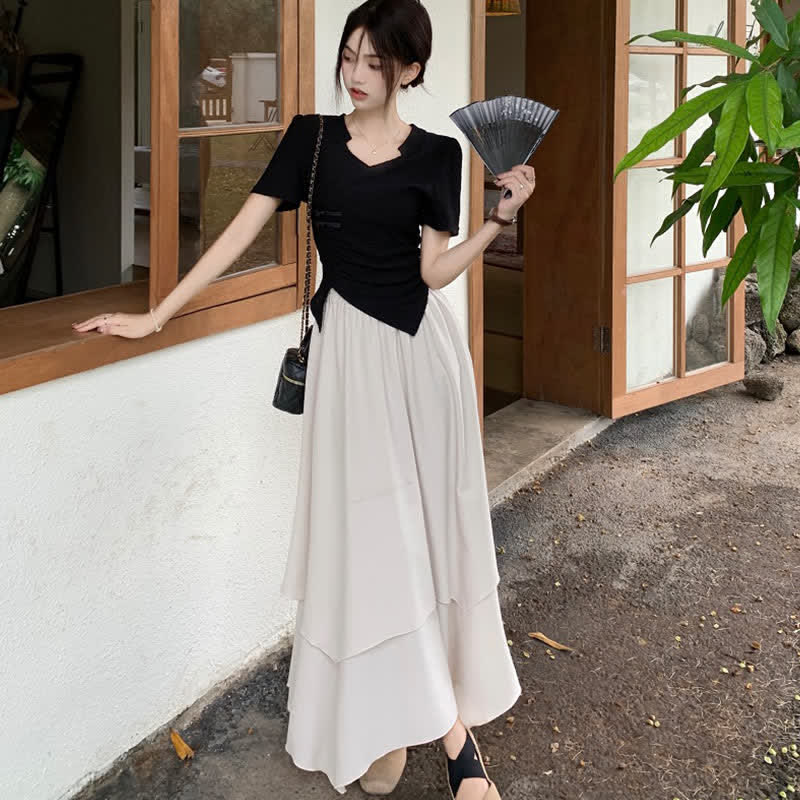 Elegant Buckle Irregular T-Shirt Layered Midi Skirt Set