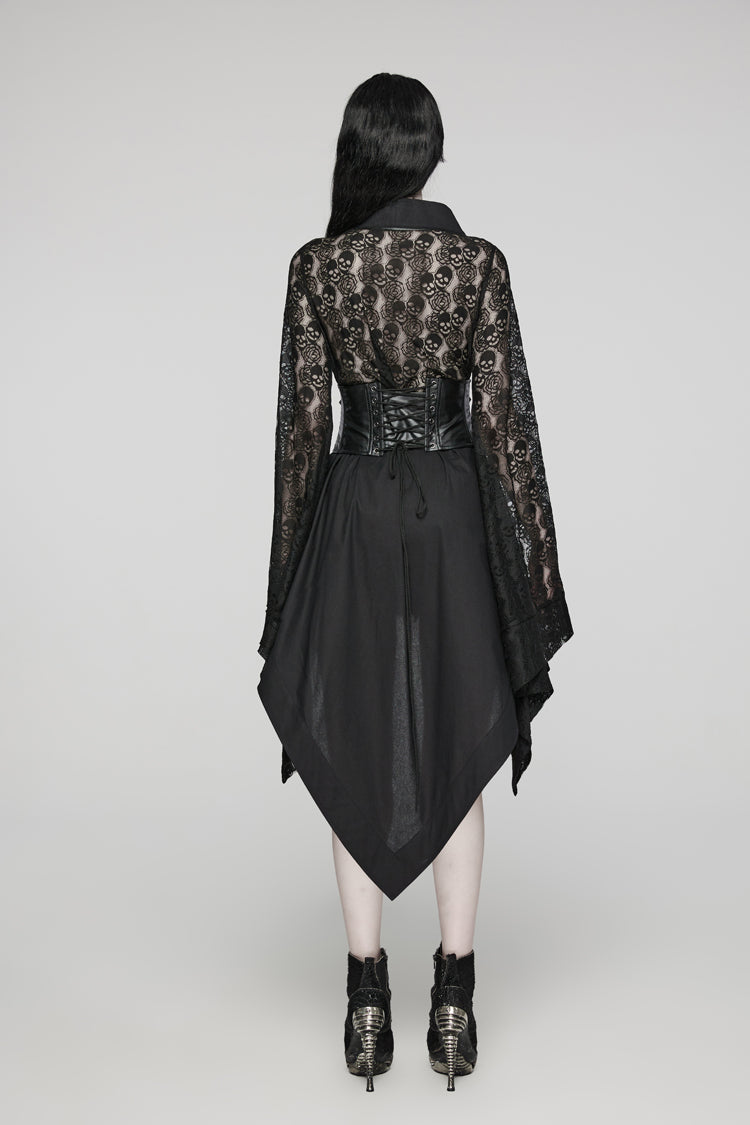 Skull Print Hollow Stitching Black Asymmetric Steampunk Kimono Dress