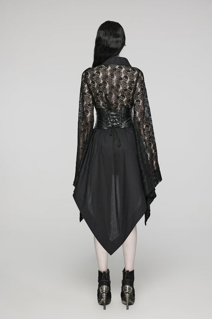 Skull Print Hollow Stitching Black Asymmetric Steampunk Kimono Dress