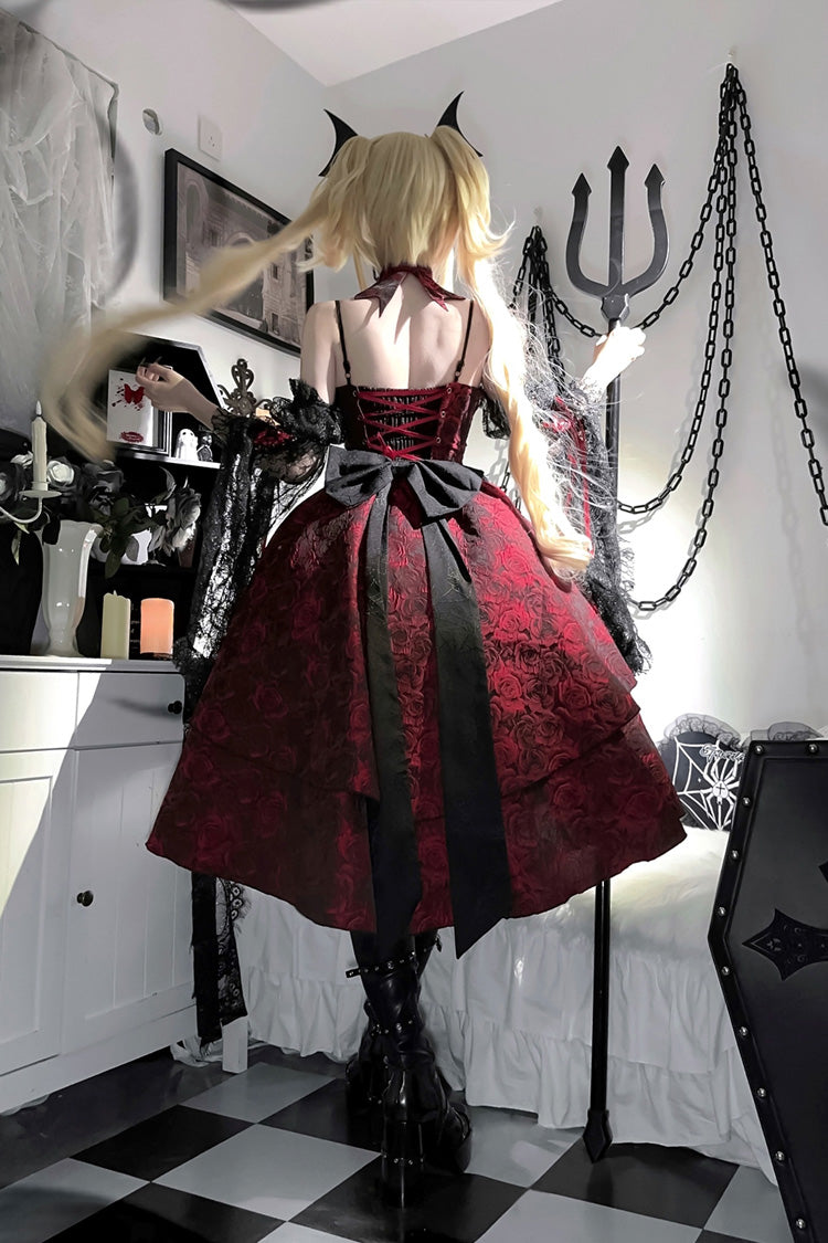 Weeping Rose Jacquard Lolita Dress with Lace-Up Cardigan - Noir
