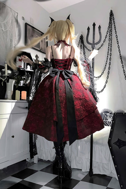 Weeping Rose Jacquard Lolita Dress with Lace-Up Cardigan - Noir