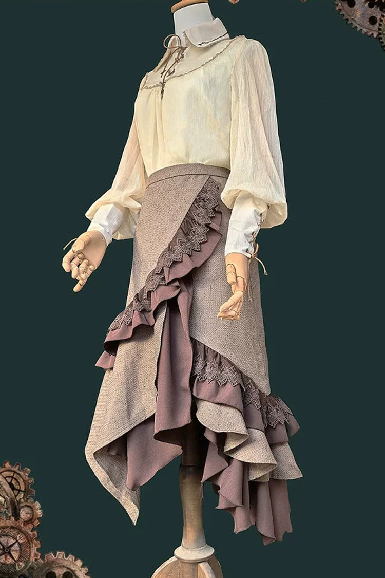 Coffee Brown Traveler Sleeveless Asymmetrical Ruffle Punk Lolita Skirt Set