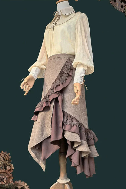 Coffee Brown Traveler Sleeveless Asymmetrical Ruffle Punk Lolita Skirt Set