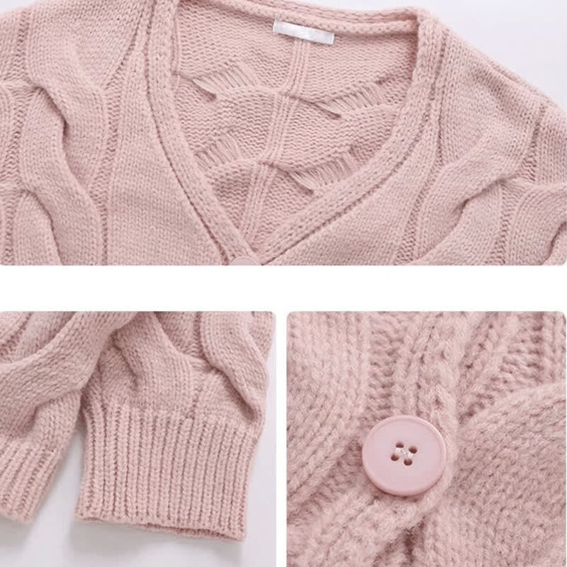 Sweet Cable Knit V-neck Cardigan Sweater Pearl Dress