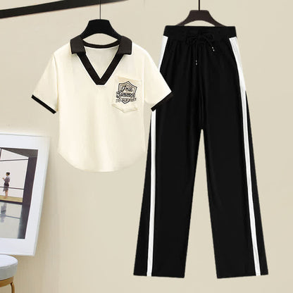 V-neck Casual Pants T-Shirt Set Pockets Letter Print