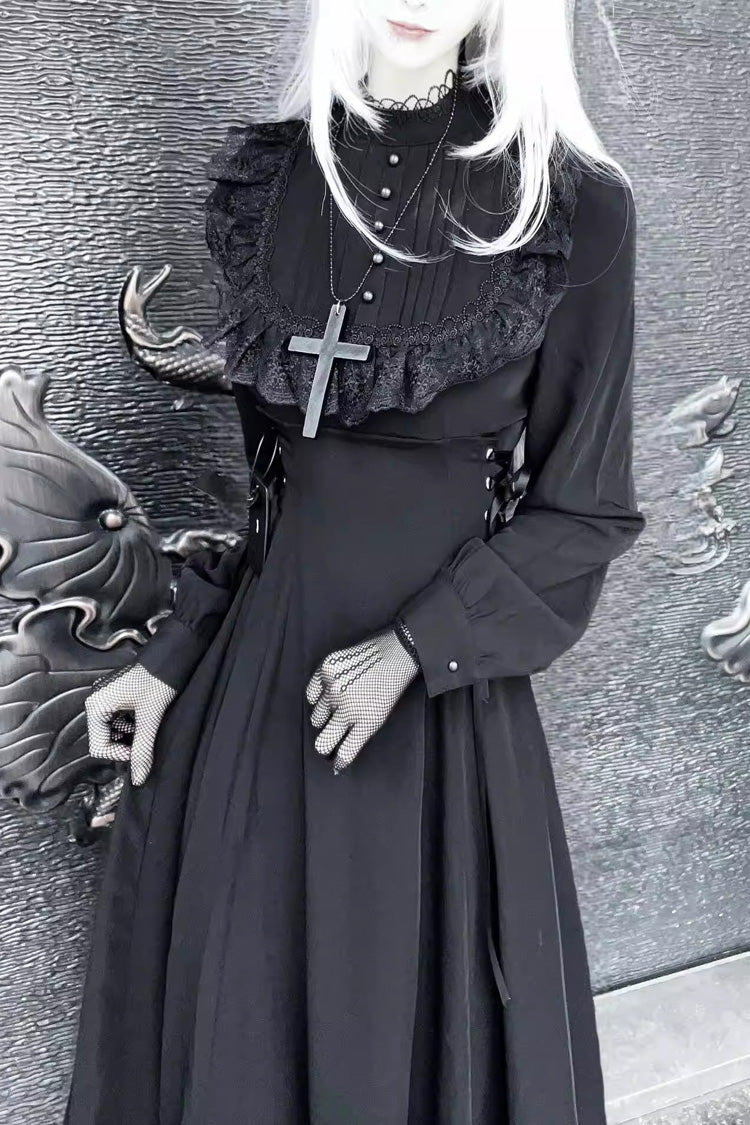 Black Lace-Up Gothic Lolita Dress with Stand Collar and Ruffled Sleeves