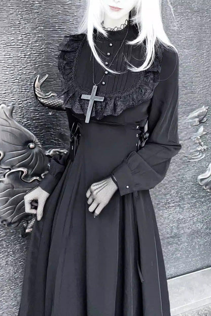 Black Lace-Up Gothic Lolita Dress with Stand Collar and Ruffled Sleeves