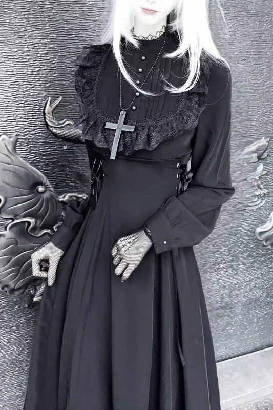 Black Lace-Up Gothic Lolita Dress with Stand Collar and Ruffled Sleeves