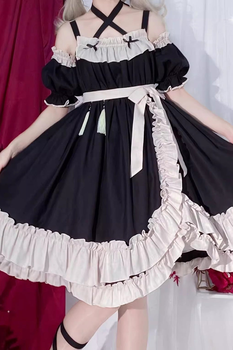 High-Waisted Asymmetric Ruffled Bowknot Gothic JSK