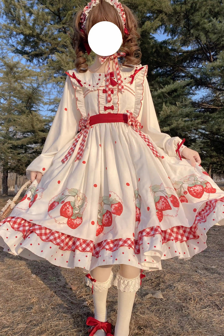White Strawberry Printed Ruffled Bow-Trim Sweet Lolita Dress Set