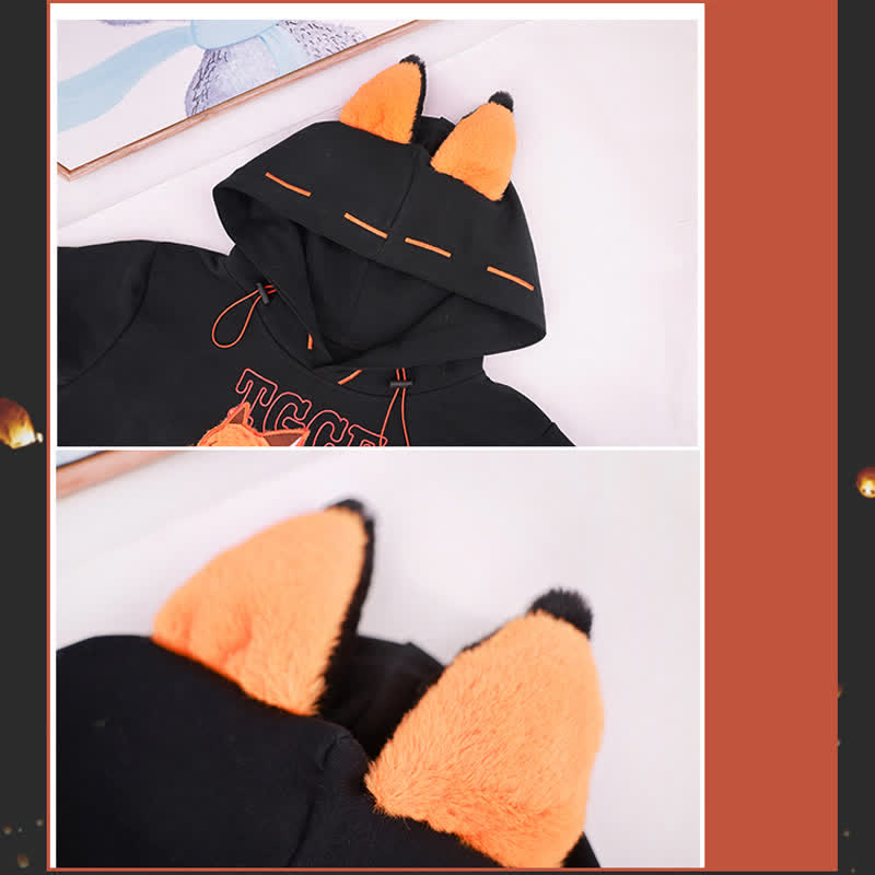 Fox Embroidery Pocket Loose Hoodie