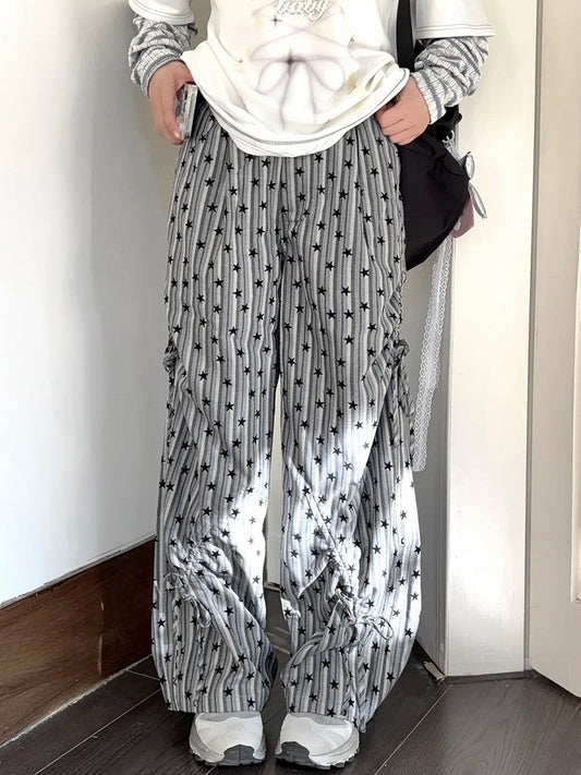 Grey Stars Pattern Striped Wide-leg Cut Pants Ruched Design Cuffs