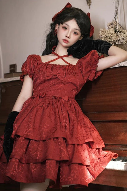 Crimson Thorned Rose Short Sleeve Multi-Layer Ruffle Bow Princess Lolita Dress