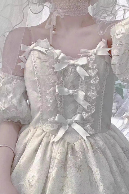 White Short-Sleeved Multi-Layer Printed Hanayome Bow-Trim Sweet Princess Lolita Strapless Dress